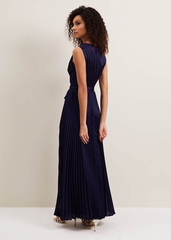 Phase Eight Bonnie Pleat Wrap Satin Dress Navy Australia | IX6378912